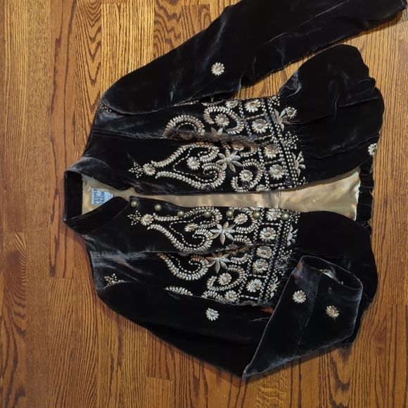 People Like Frank Anthropologie Brown Peplem Velvet Blazer Gold Embroidery Sz XS - Picture 9 of 14